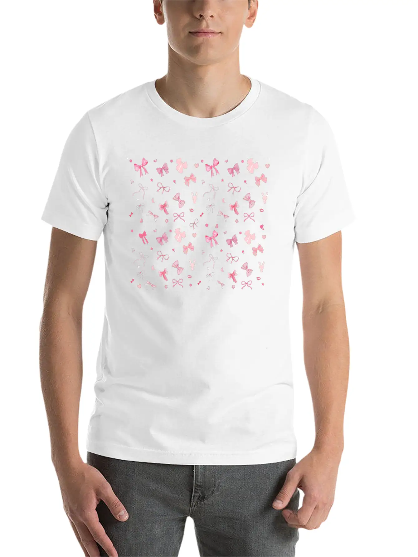 🎀 Aesthetic Pink Bow Pattern | Kawaii Cute Design Unisex Short Sleeve Soft Cotton T-Shirt – Casual Everyday Wear