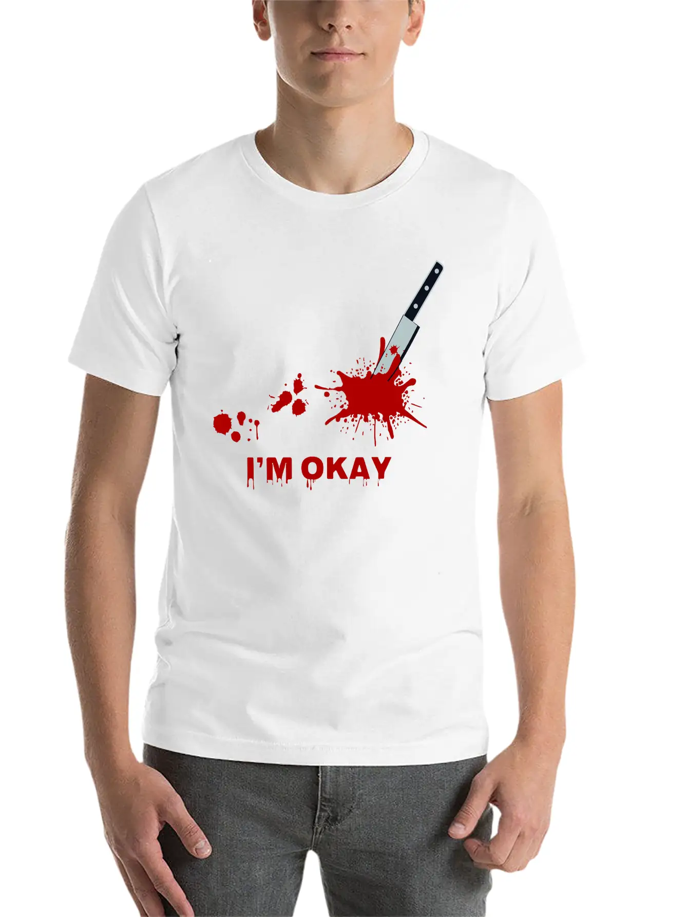 “I’m Okay” Bloody Knife Graphic Classic Cotton Tee – Unisex Comfort For Any Season