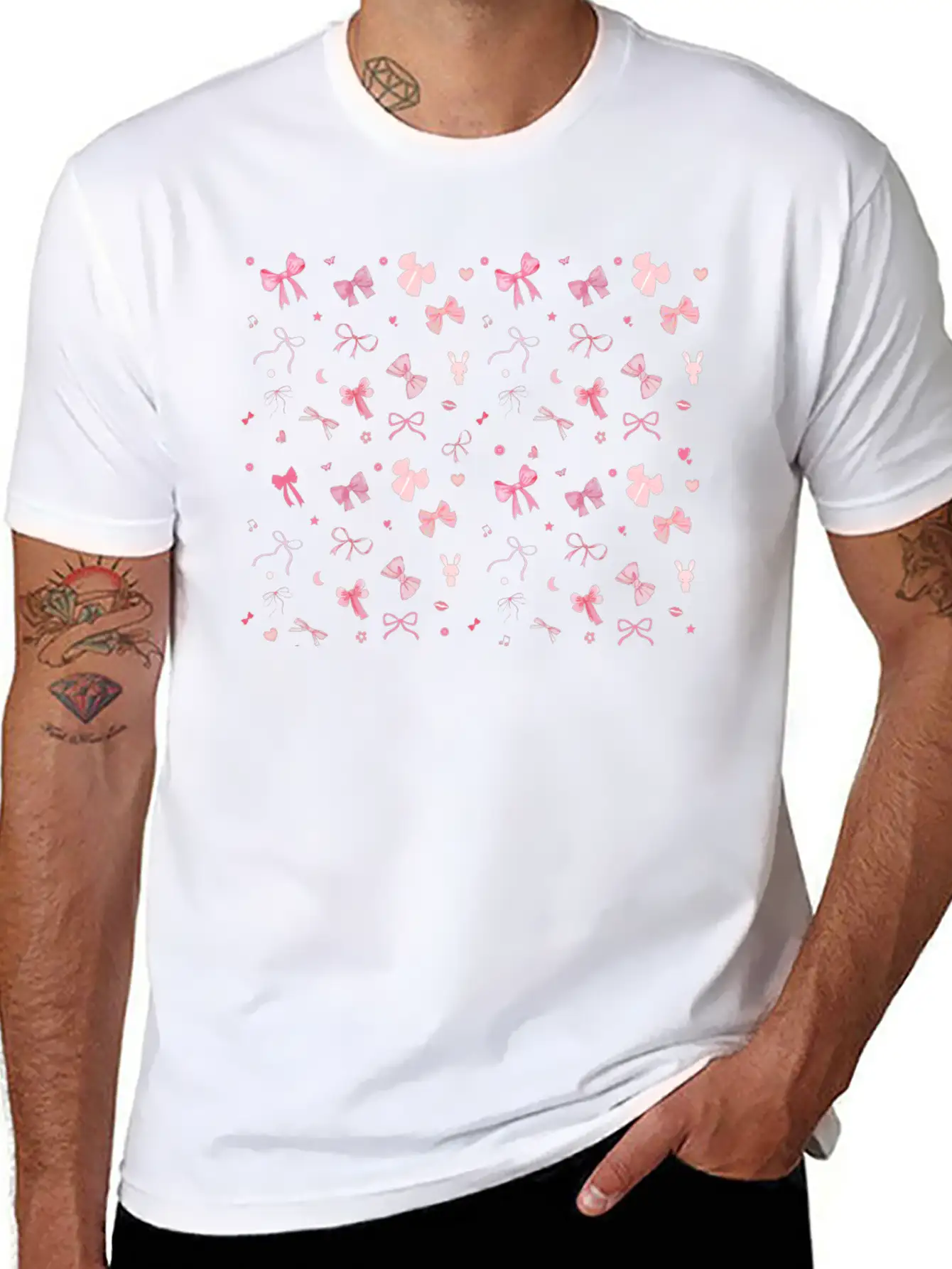 🎀 Aesthetic Pink Bow Pattern | Kawaii Cute Design Unisex Short Sleeve Soft Cotton T-Shirt – Casual Everyday Wear