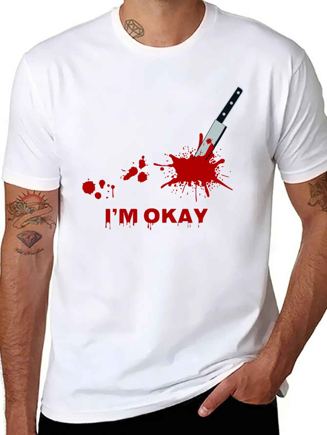 “I’m Okay” Bloody Knife Graphic Classic Cotton Tee – Unisex Comfort For Any Season