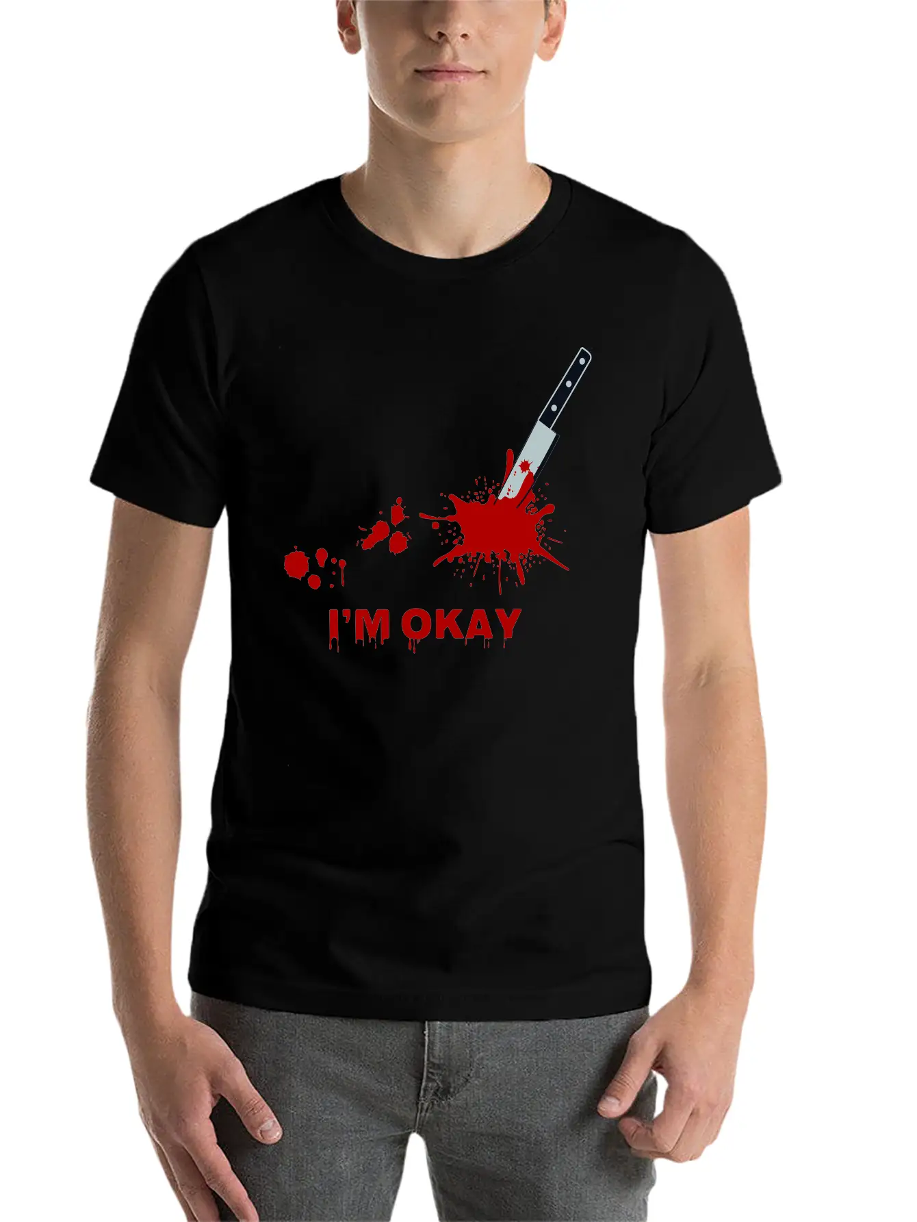 “I’m Okay” Bloody Knife Graphic Classic Cotton Tee – Unisex Comfort For Any Season