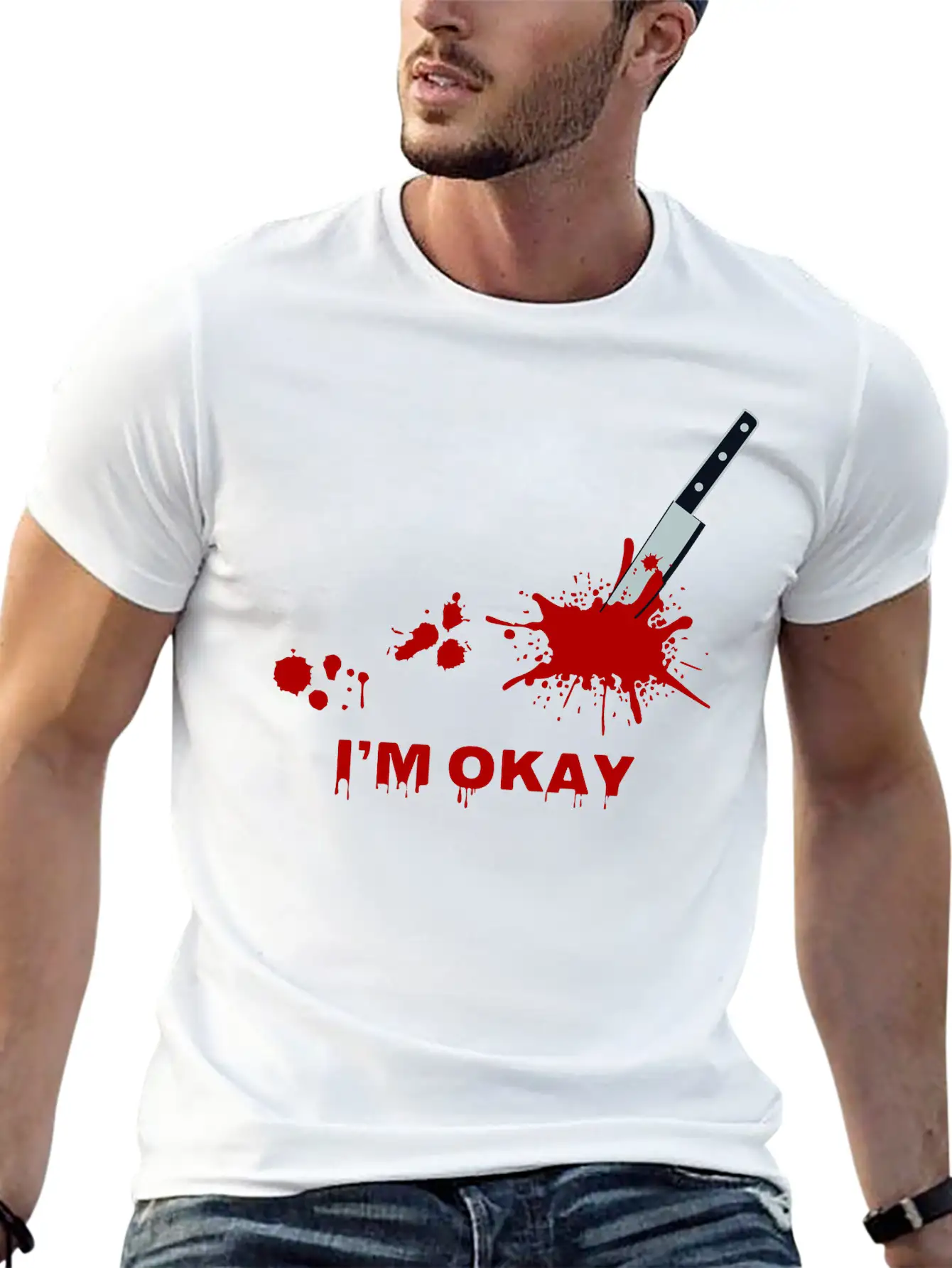 “I’m Okay” Bloody Knife Graphic Classic Cotton Tee – Unisex Comfort For Any Season