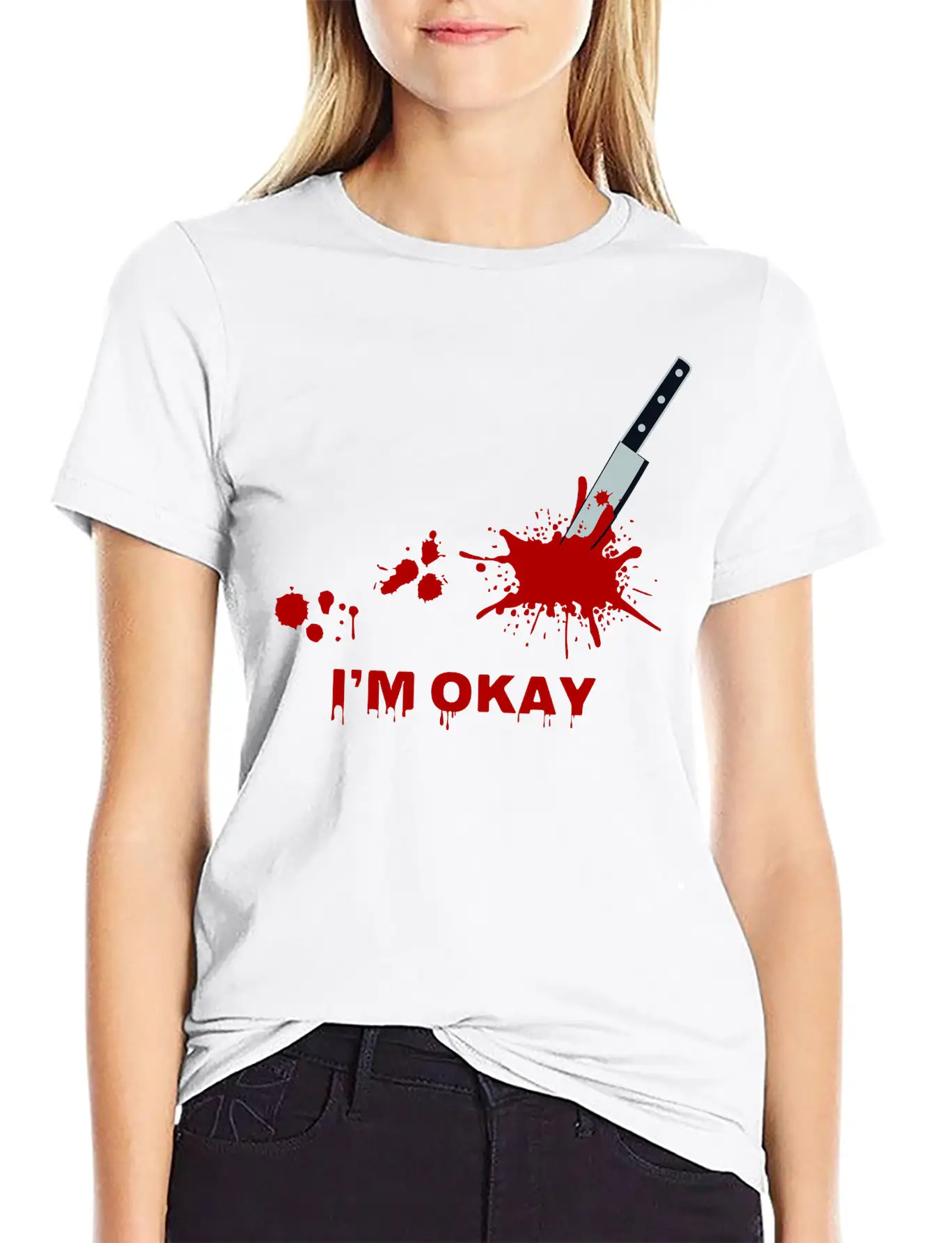 “I’m Okay” Bloody Knife Graphic Classic Cotton Tee – Unisex Comfort For Any Season