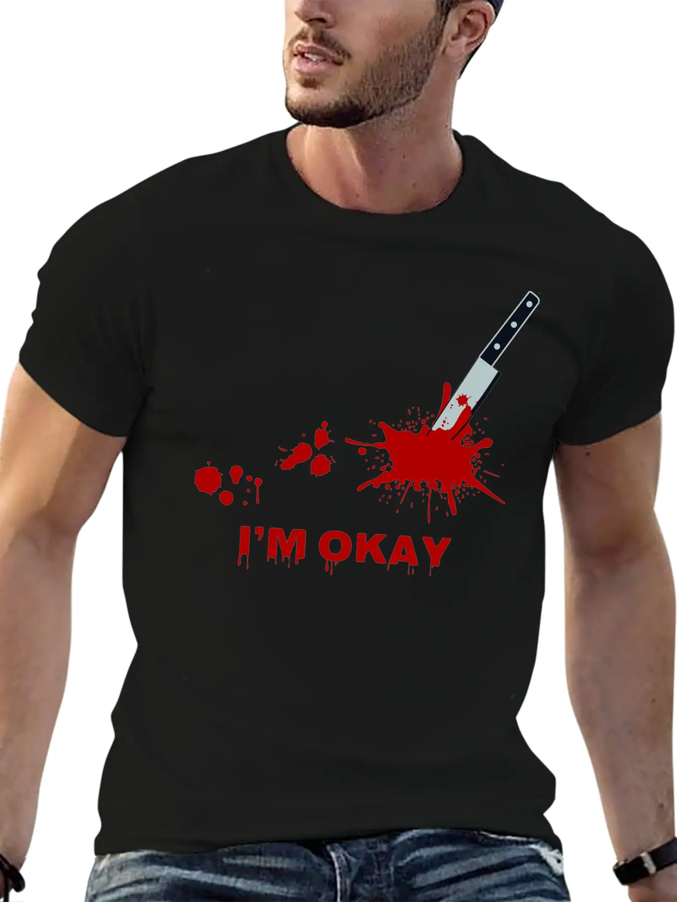 “I’m Okay” Bloody Knife Graphic Classic Cotton Tee – Unisex Comfort For Any Season