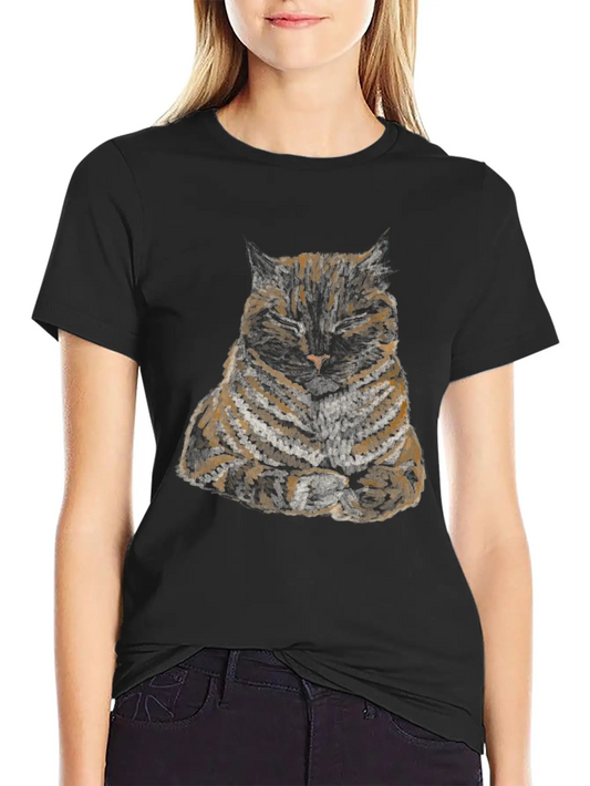 "Orange Sleepy Cat" Jamie's Hand-Drawn Collection Breathable Soft Cotton T-Shirt – Timeless Casual Look